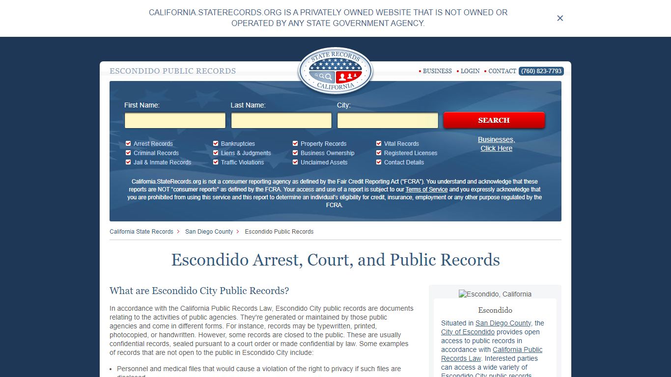 Escondido Arrest and Public Records | California.StateRecords.org
